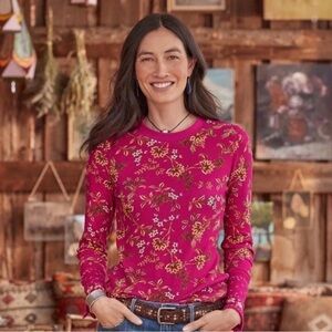 Sundance Loretta Thermal Tee Size Medium Waffle Knit Top Floral Velvet Trim Cuff